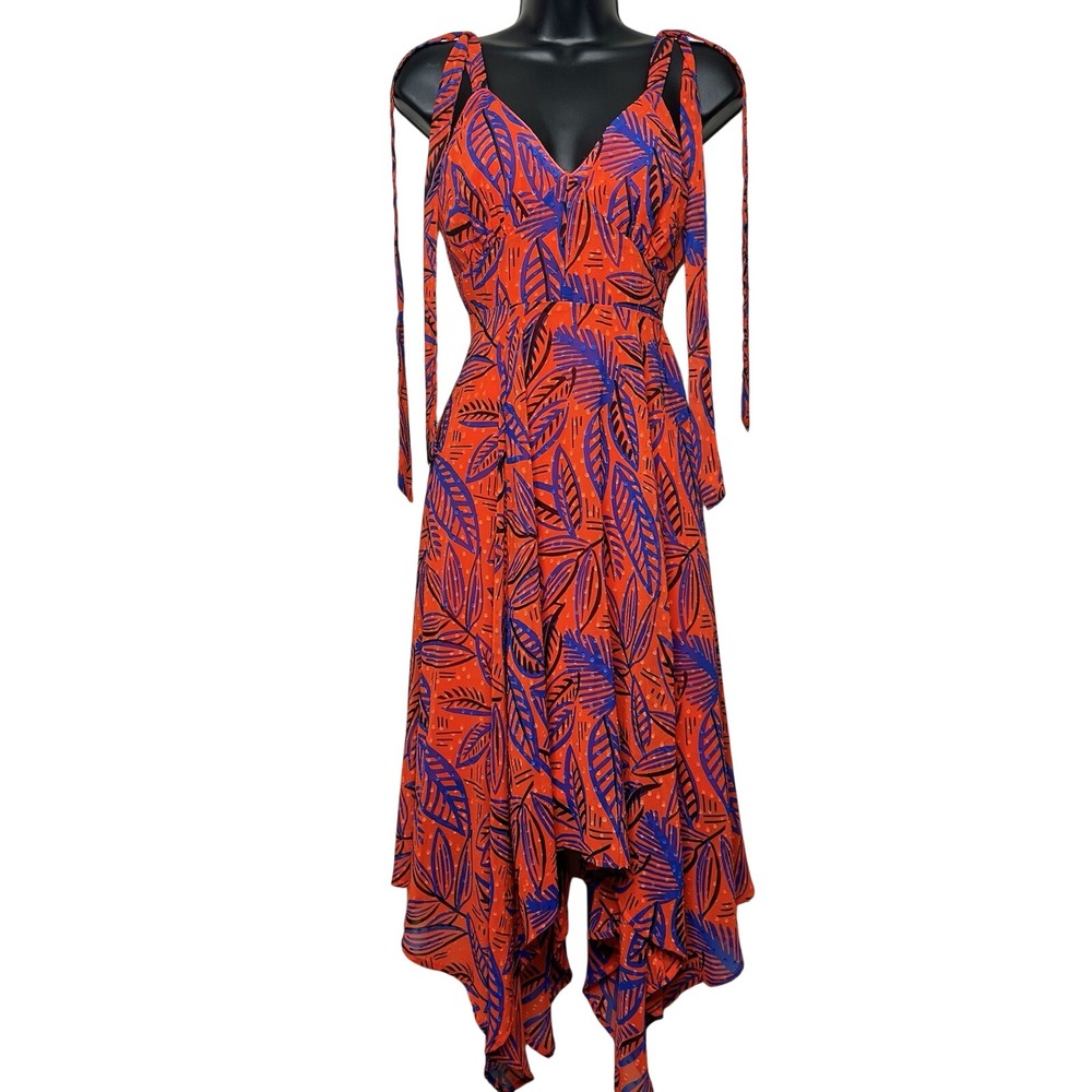 Y2K Red Tropical Leaf Print Handkerchief Hem Dress – Blue‎ Tie Strap Mini (XXS)